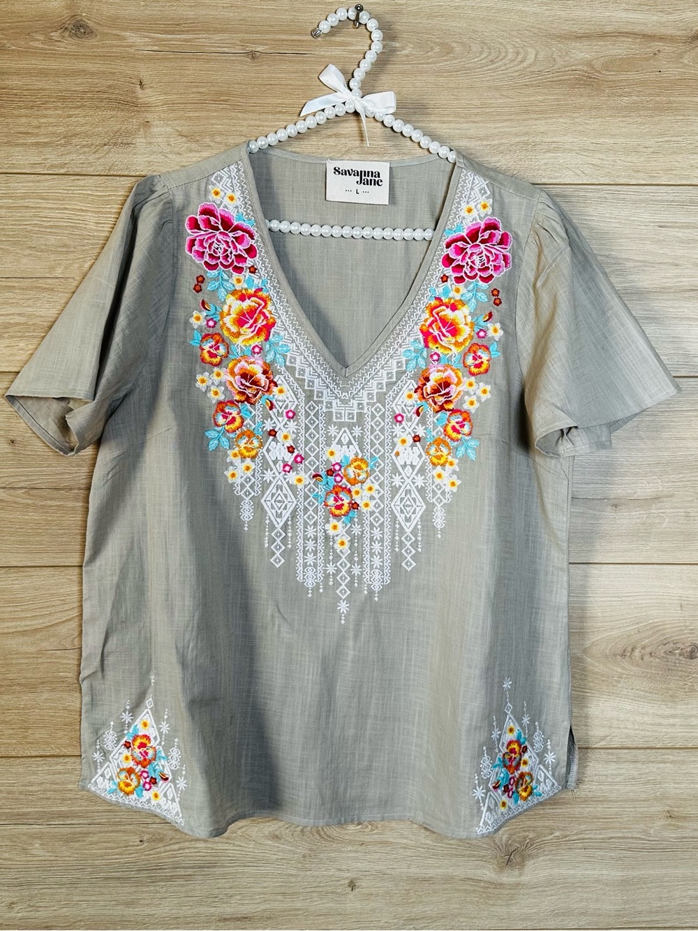 Savanna Jane Gray V-Neck Tunic with Pink, Yellow & Blue Floral Embroidery - Picture 12 of 12
